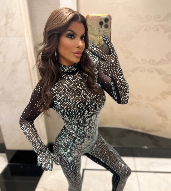 ENERGY Rhinestone and Pearl Studded Full Body Jumpsuit-Jumpsuits & Rompers-Banjul-Malandra Boutique, Women's Fashion Boutique Located in Las Vegas, NV