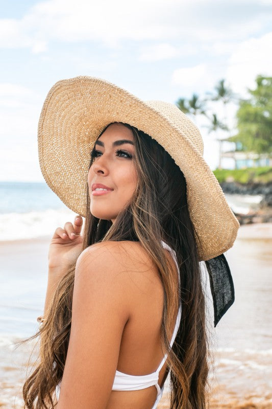 Side View. Bow Accent Peasant Sun Hat-Aili's Corner-Malandra Boutique, Women's Fashion Boutique Located in Las Vegas, NV