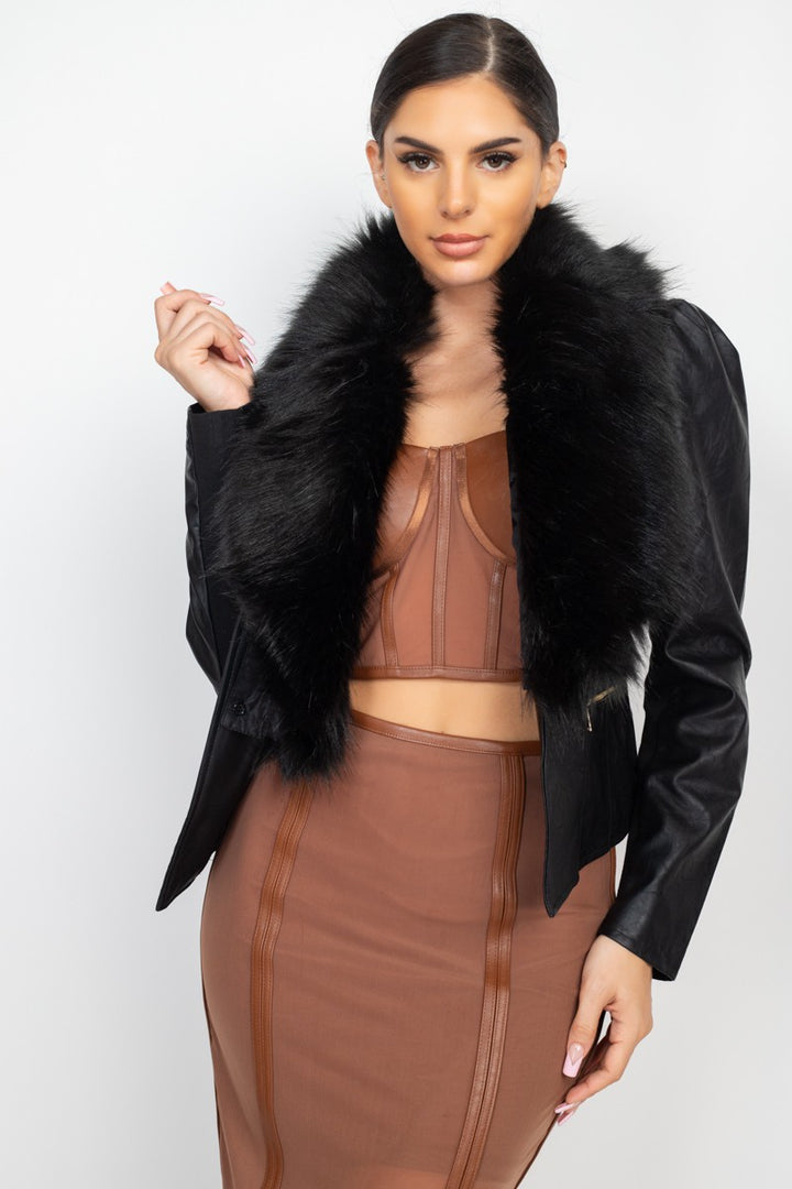 SHE WANTS SHE GETS Faux Fur Neck w/ Moto Jacket-Coats & Jackets-Shop Iris Basic-Malandra Boutique, Women's Fashion Boutique Located in Las Vegas, NV