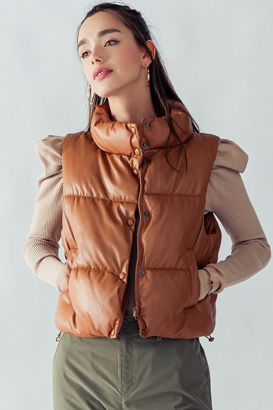 ON TO THE NEXT Faux Leather Rust-Brown Puffer Vest-Puffer Vest-Trend Notes-Malandra Boutique, Women's Fashion Boutique Located in Las Vegas, NV