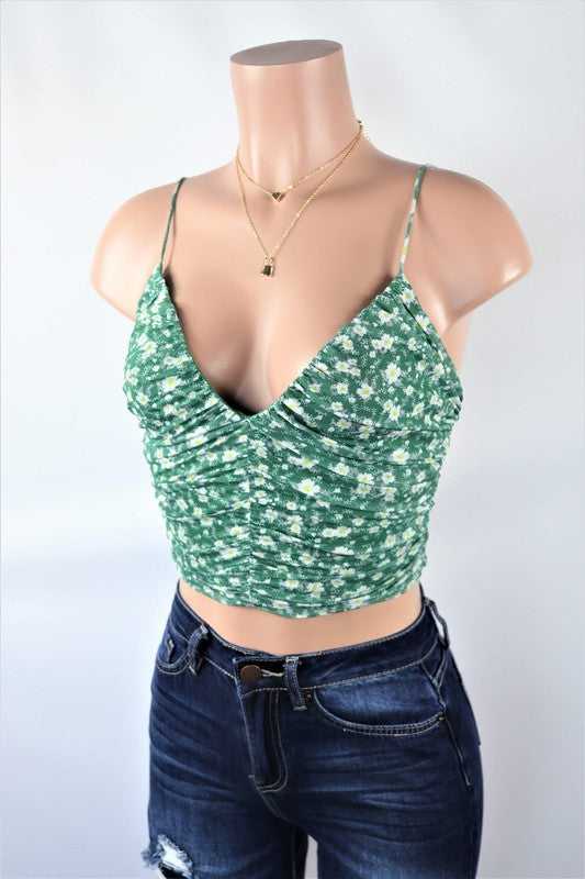 green Front View. MIRACLE Floral V Cut Crop Top-MyStyle Wholesale-Malandra Boutique, Women's Fashion Boutique Located in Las Vegas, NV