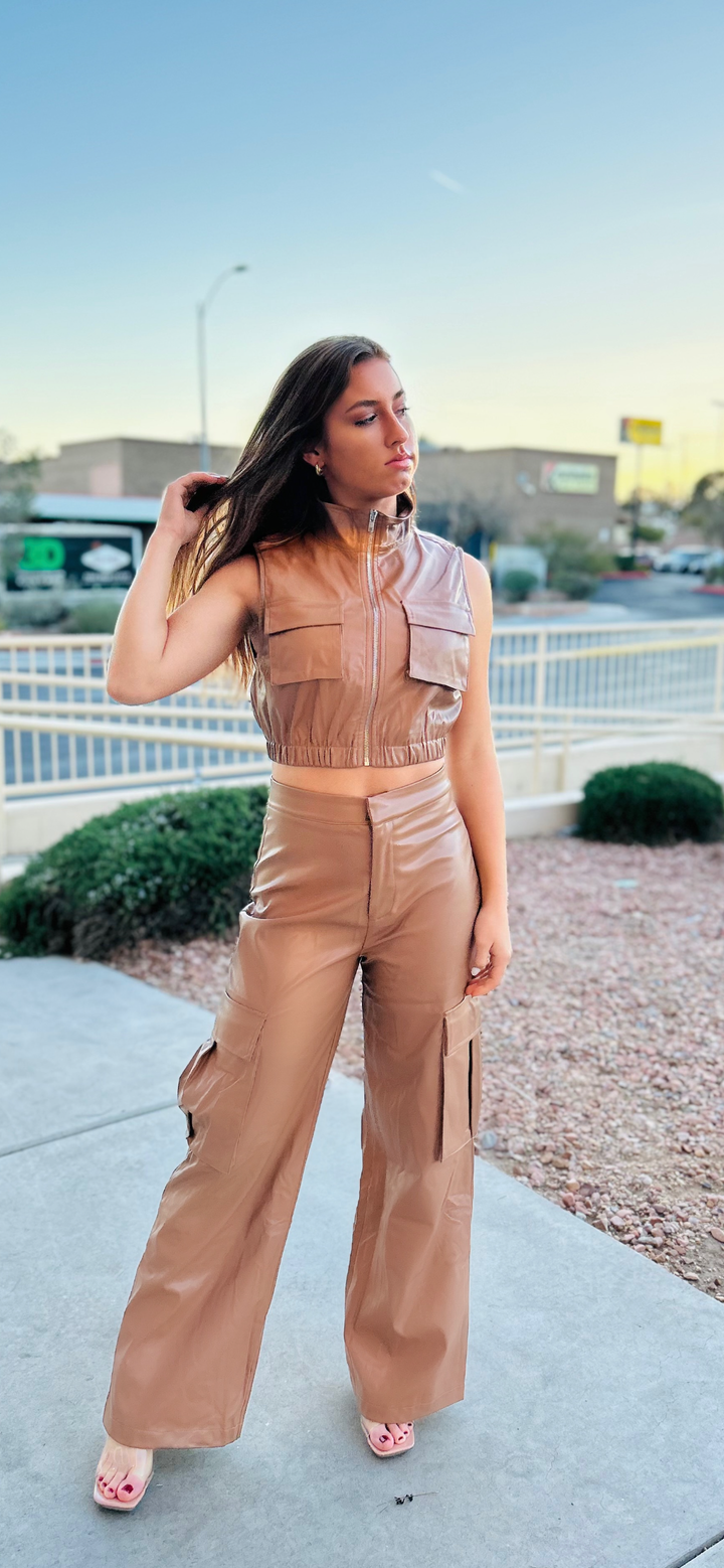 TIME FLIES Faux Leather High Waisted Pants w/ Cropped Vest Top-Outfit Sets-Privy-Malandra Boutique, Women's Fashion Boutique Located in Las Vegas, NV