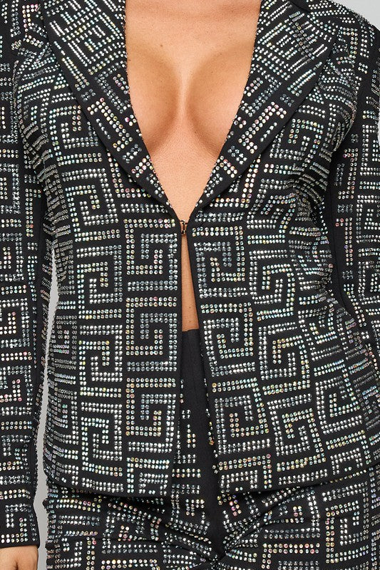 IN FOR IT Rhinestone Embedded Long Sleeve Blazer W/ Matching Shorts Set-Outfit Sets-Banjul-Malandra Boutique, Women's Fashion Boutique Located in Las Vegas, NV