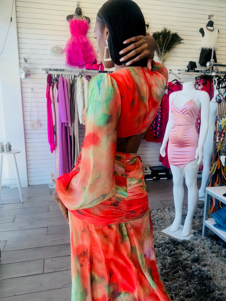 ORANGE SUNSET Flowy Long Sleeve Multi Maxi Dress-Long maxi dress-Banjul-Malandra Boutique, Women's Fashion Boutique Located in Las Vegas, NV