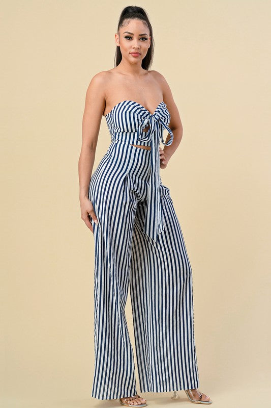 COMFORTABLE Striped Cotton Navy and White Top & Pants Set-Outfit Sets-The Sang-Malandra Boutique, Women's Fashion Boutique Located in Las Vegas, NV