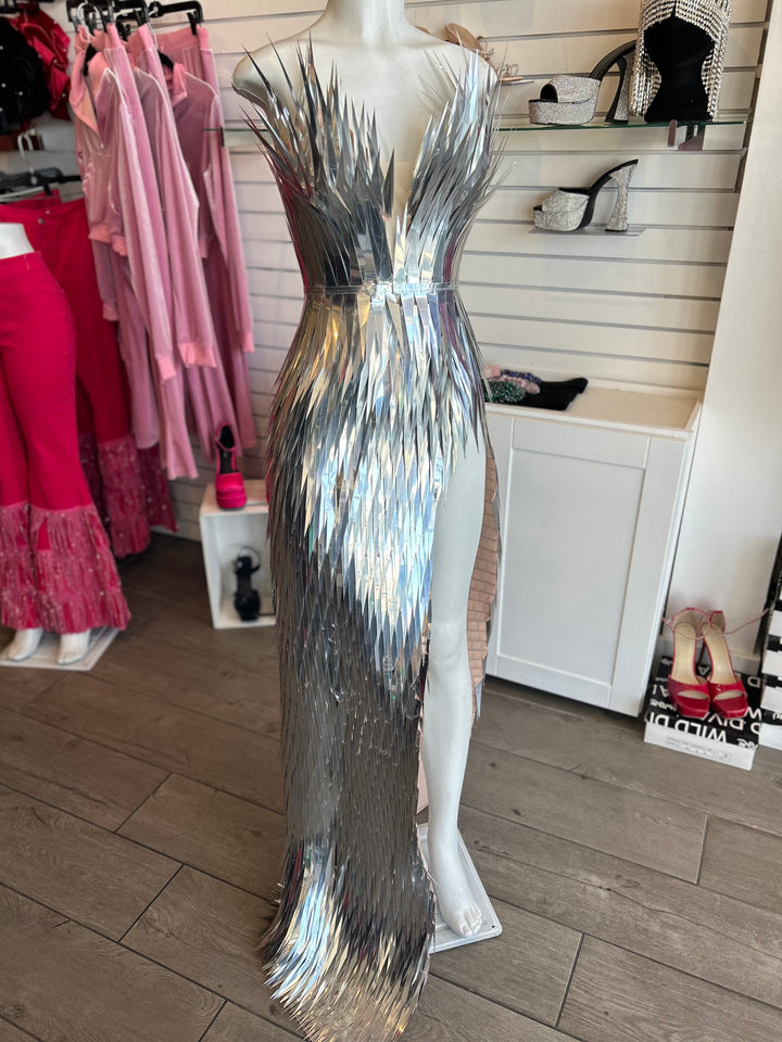 Silver Spike Sequin Studded Mesh Maxi Dress-Dress-ali-Malandra Boutique, Women's Fashion Boutique Located in Las Vegas, NV