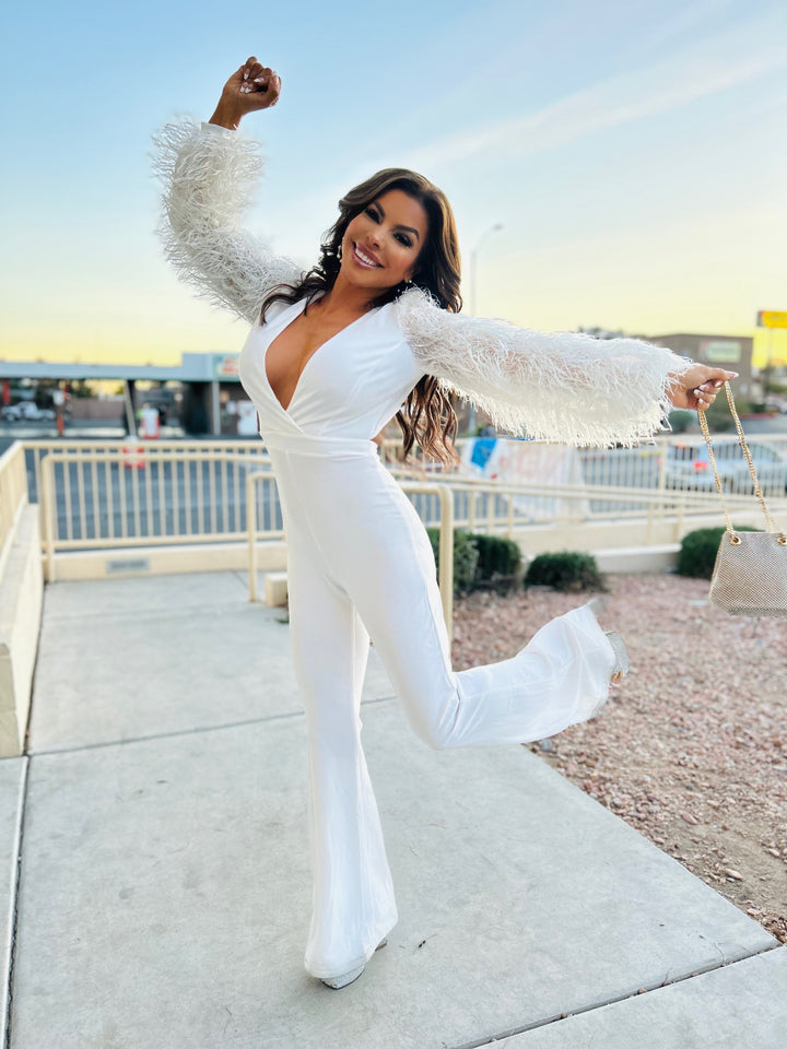 FEMININE ENERGY White Feather Embedded Long Sleeve Maxi Jumpsuit-Jumpsuit-Symphony-Malandra Boutique, Women's Fashion Boutique Located in Las Vegas, NV