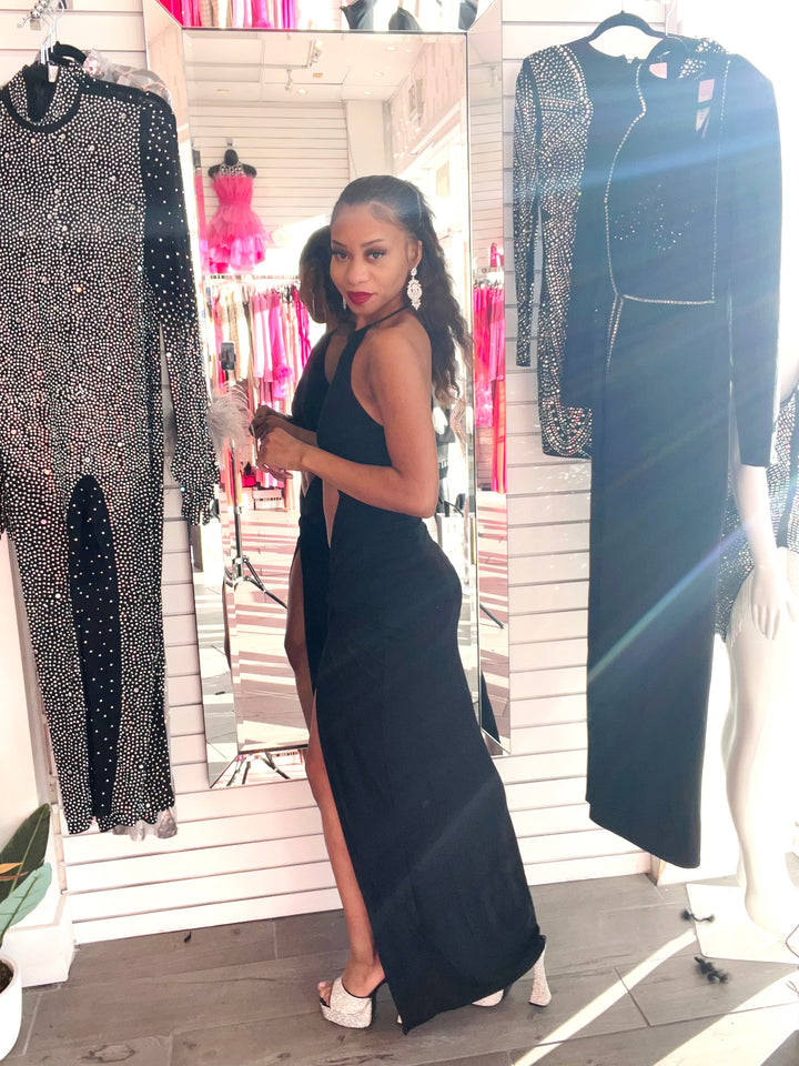 DAME Black Halter Maxi Dress w/ High Slit-Dresses-Win Win Apperal-Malandra Boutique, Women's Fashion Boutique Located in Las Vegas, NV