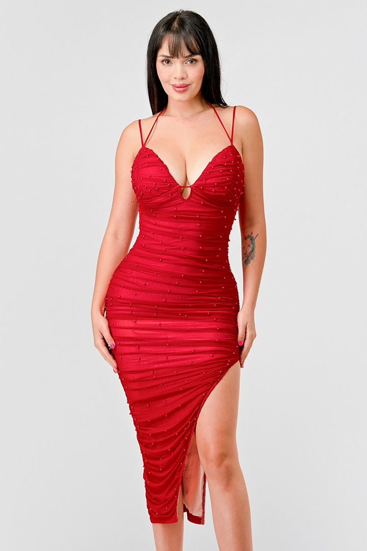 OVER IT Ruched Red Pearl Spaghetti Strap Midi Dress-Apparel & Accessories-Privy-Malandra Boutique, Women's Fashion Boutique Located in Las Vegas, NV