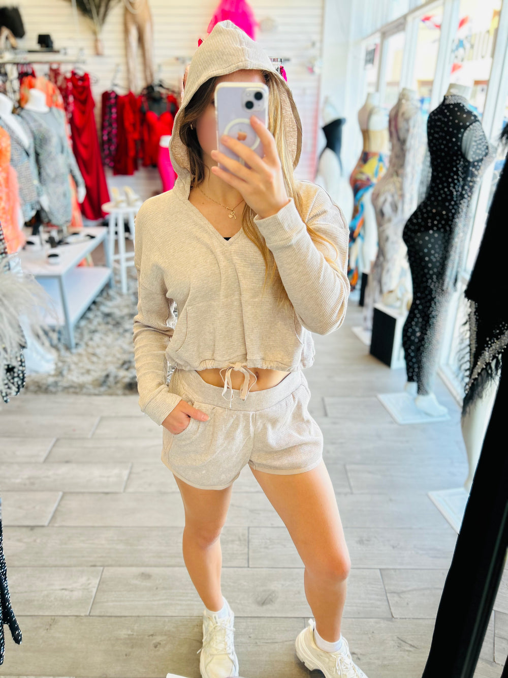 HAPPY TO BE HERE Hoodie & Shorts Active Set-Set-Boom Boom Jeans-Malandra Boutique, Women's Fashion Boutique Located in Las Vegas, NV