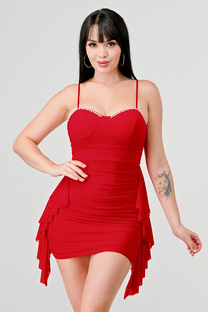 TRULY Ruched Red Spaghetti Strap Mini Dress-Mini dress-Privy-Malandra Boutique, Women's Fashion Boutique Located in Las Vegas, NV