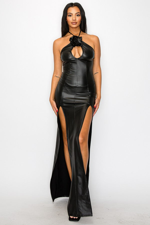 DYNASTY Faux Leather Halter Maxi Dress-Dress-Magia-Malandra Boutique, Women's Fashion Boutique Located in Las Vegas, NV