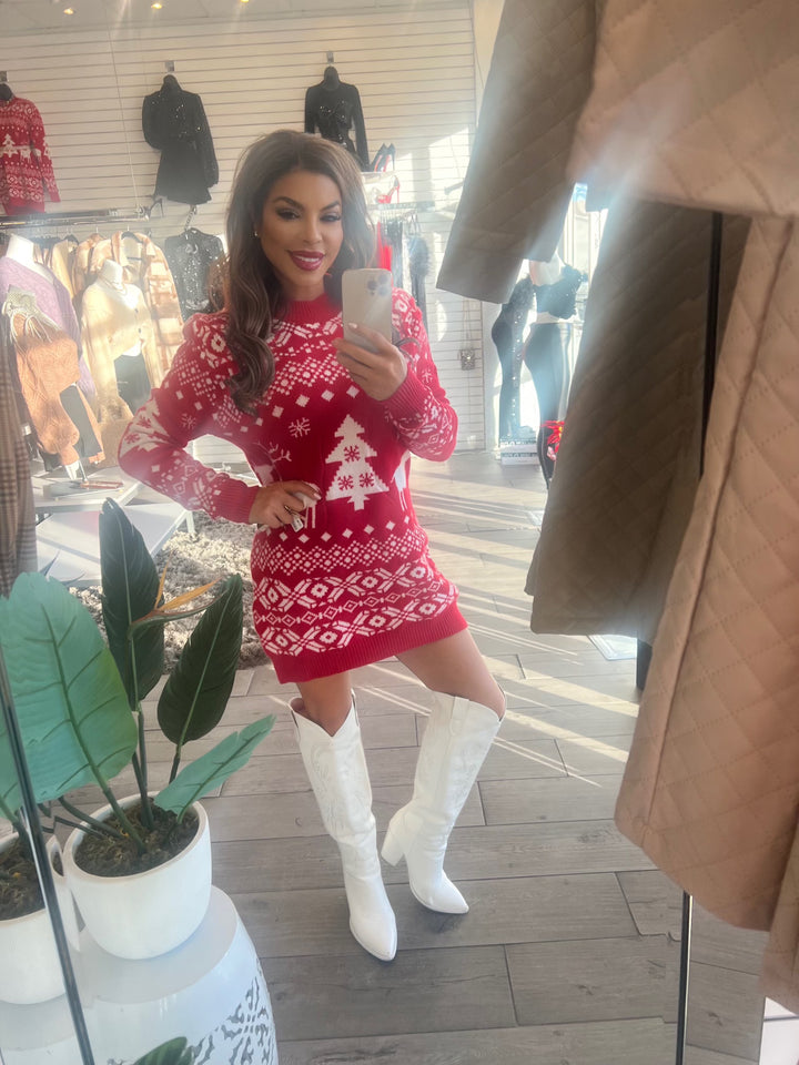 ROCKIN AROUND THE CHRISTMAS TREE Ribbed Long Sleeve Sweater Dress-Mini dress-LUV FASHION SHOES-Malandra Boutique, Women's Fashion Boutique Located in Las Vegas, NV