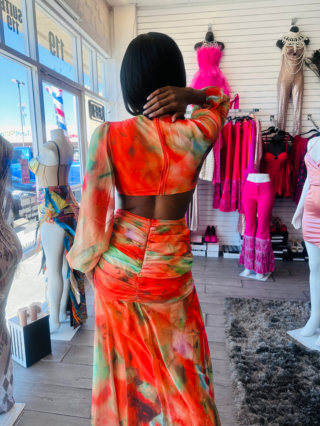 ORANGE SUNSET Flowy Long Sleeve Multi Maxi Dress-Long maxi dress-Banjul-Malandra Boutique, Women's Fashion Boutique Located in Las Vegas, NV