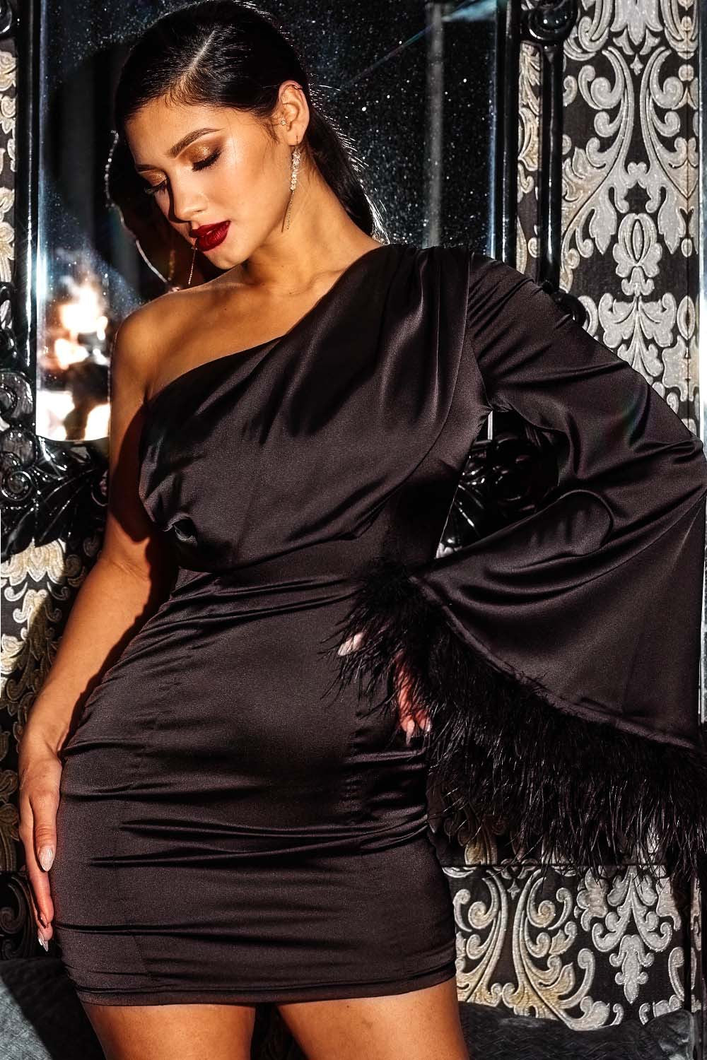 EXPENSIVE TASTE Satin One Shoulder Drape Sleeve Mini Dress w/ Authentic Feathers-Apparel & Accessories-Symphony-Malandra Boutique, Women's Fashion Boutique Located in Las Vegas, NV