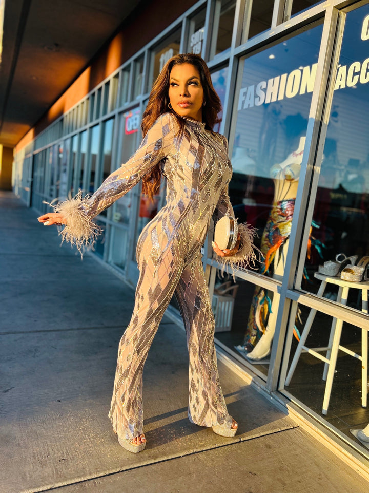 ALIEN SUPERSTAR Sequin Encrusted Long Sleeve Jumpsuit-Jumpsuit-Banjul-Malandra Boutique, Women's Fashion Boutique Located in Las Vegas, NV