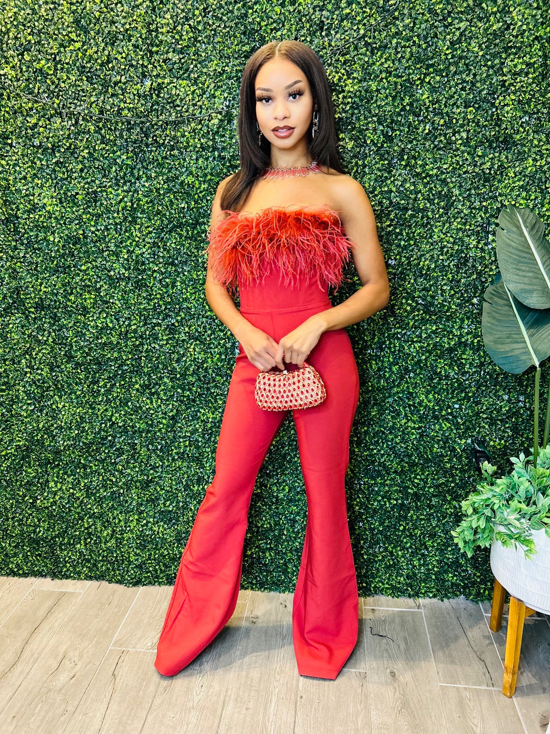 SANTERIA Feather Bust Bell Bottom Strapless Rust Jumpsuit-Jumpsuit-miss circle-Malandra Boutique, Women's Fashion Boutique Located in Las Vegas, NV