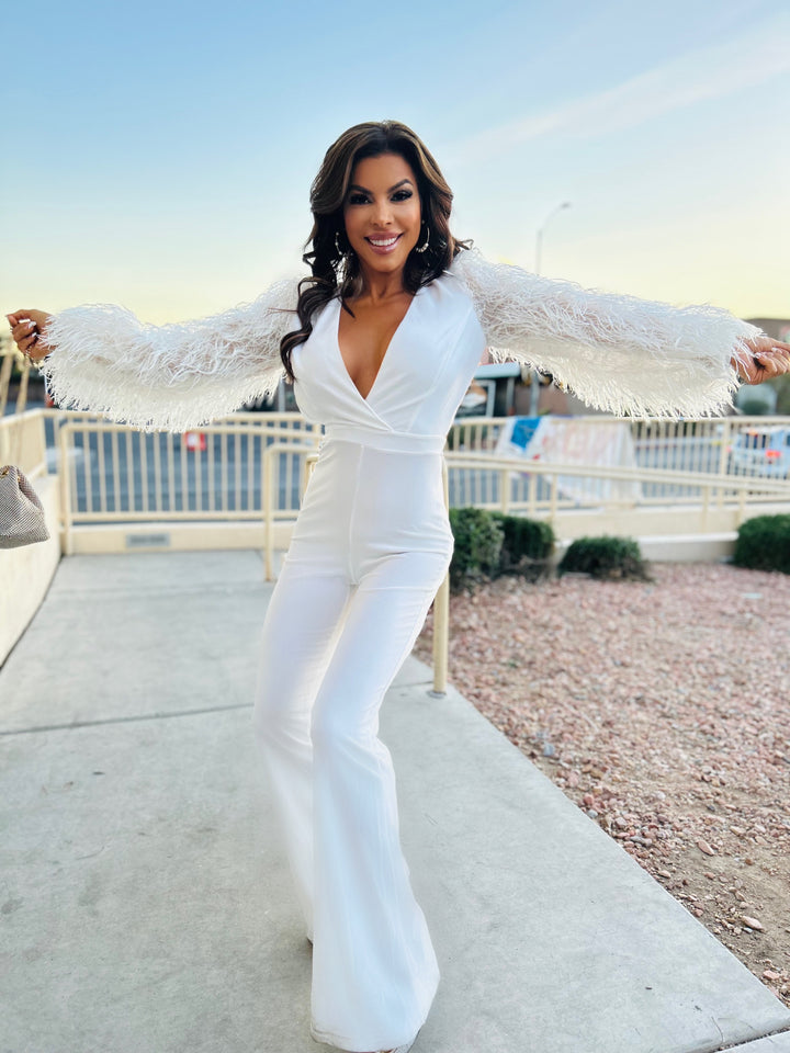 FEMININE ENERGY White Feather Embedded Long Sleeve Maxi Jumpsuit-Jumpsuit-Symphony-Malandra Boutique, Women's Fashion Boutique Located in Las Vegas, NV