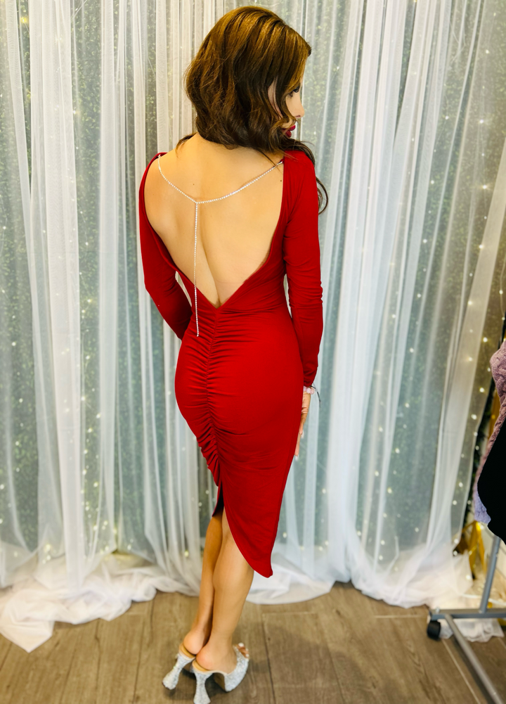 WIFEY Red Long Sleeve Backless Dress-Dresses-Magia-Malandra Boutique, Women's Fashion Boutique Located in Las Vegas, NV