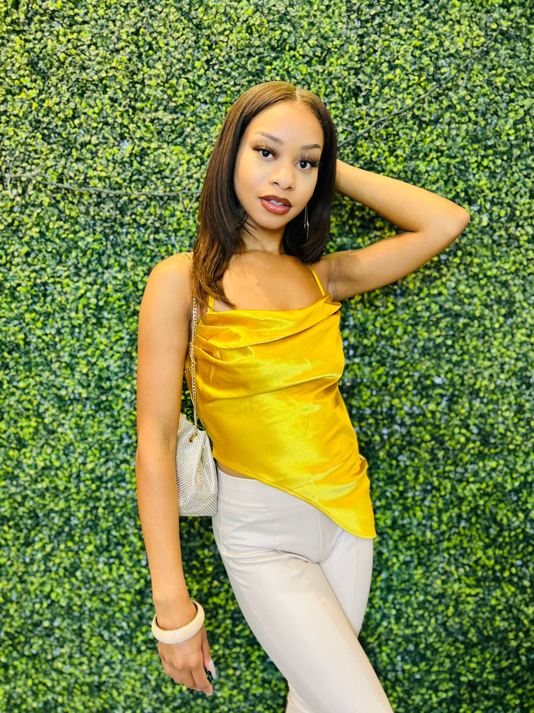 DORADO Gold Asymmetric Satin Top-Tops-miss circle-Malandra Boutique, Women's Fashion Boutique Located in Las Vegas, NV