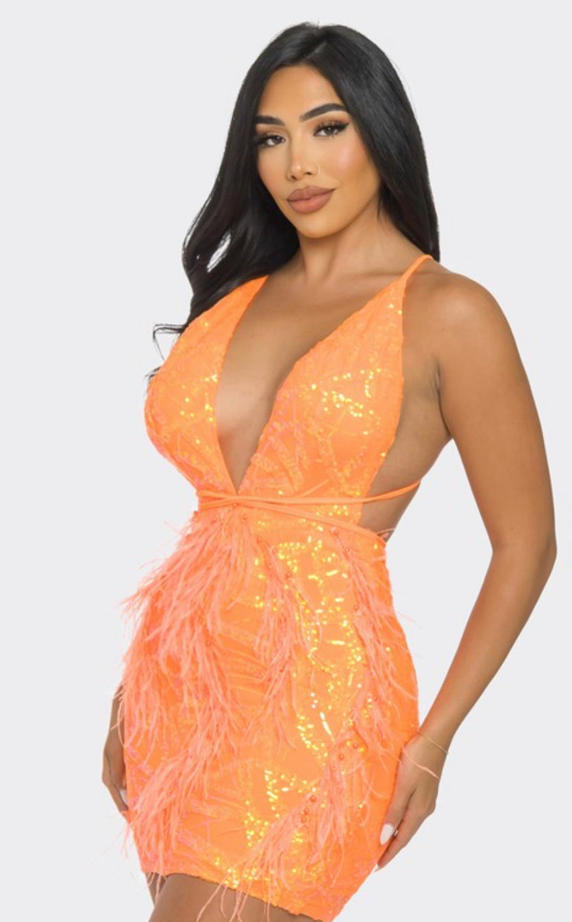 PUMPKIN SPICE Sequin & Feather Mini Dress-Mini dress-Malandra Boutique-Malandra Boutique, Women's Fashion Boutique Located in Las Vegas, NV