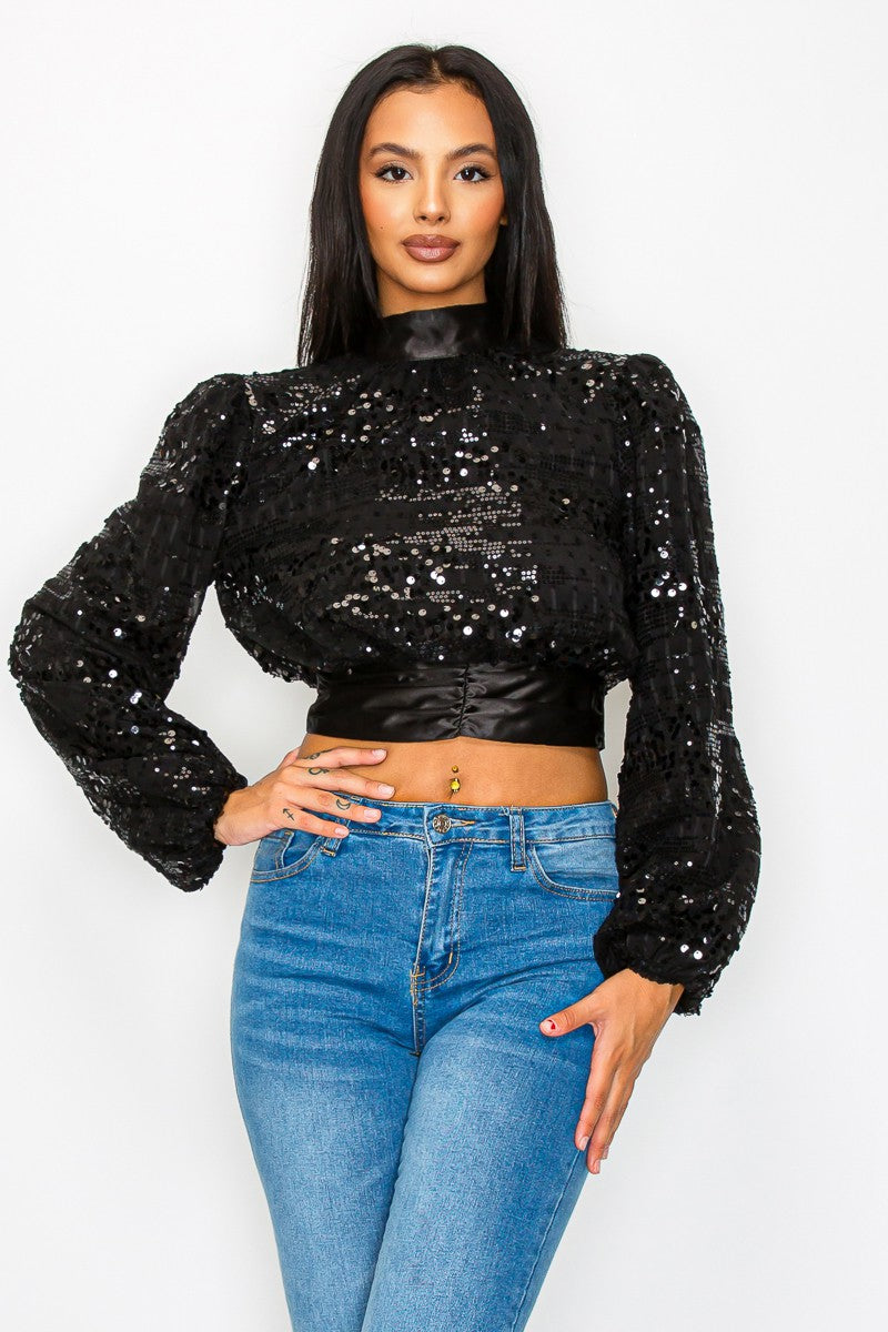 ALL DOLLED UP Sequin Long Sleeve Open Back Cropped Bloused-Crop Top-Privy-Malandra Boutique, Women's Fashion Boutique Located in Las Vegas, NV