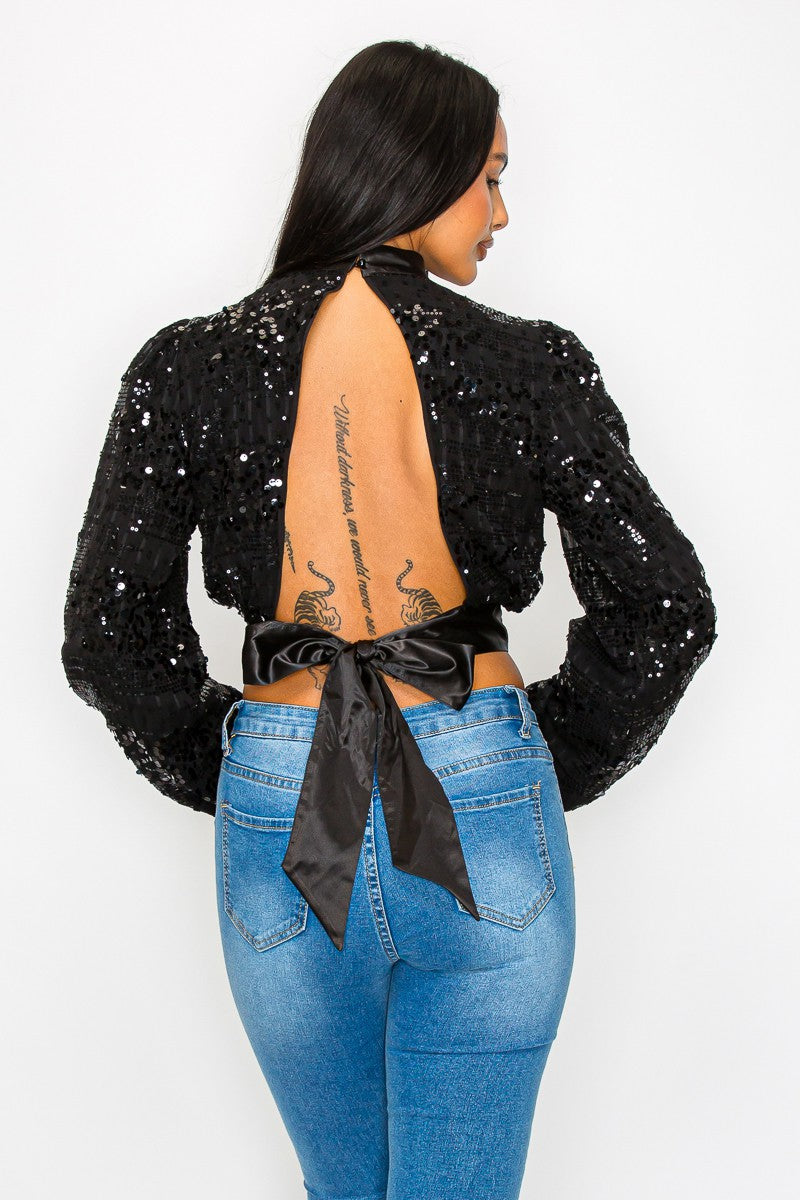 ALL DOLLED UP Sequin Long Sleeve Open Back Cropped Bloused-Crop Top-Privy-Malandra Boutique, Women's Fashion Boutique Located in Las Vegas, NV