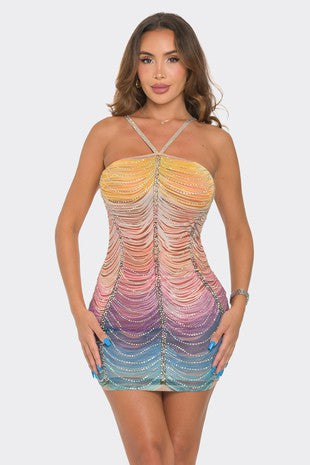 ONE DAY Rhinestone & Gemstone Studded Spaghetti Strap Mini Dress-Banjul-Malandra Boutique, Women's Fashion Boutique Located in Las Vegas, NV