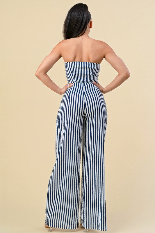 Back view. COMFORTABLE Striped Cotton Navy and White Top & Pants Set-Outfit Sets-The Sang-Malandra Boutique, Women's Fashion Boutique Located in Las Vegas, NV