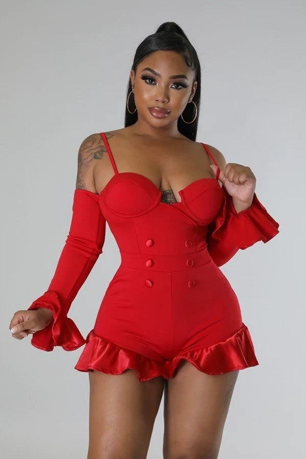 GIRL BAD Red Off-Shoulder Long Sleeve Ruffle Romper-Jumpsuits & Rompers-Good Time USA-Malandra Boutique, Women's Fashion Boutique Located in Las Vegas, NV
