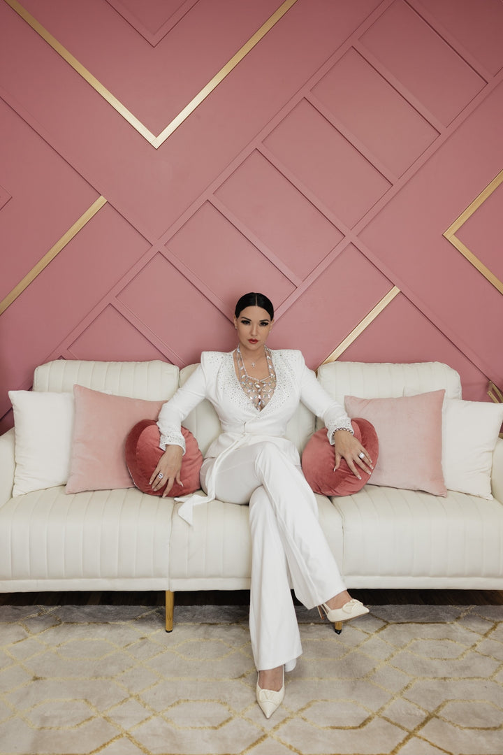 BLAZE White Rhinestone Studded Blazer Pant Set-Outfit Sets-Banjul-Malandra Boutique, Women's Fashion Boutique Located in Las Vegas, NV
