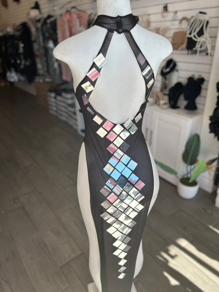 DRAMATIC Mirror Sequins Mesh Transparent Halter Maxi Dress-Cover up-Malandra Boutique-Malandra Boutique, Women's Fashion Boutique Located in Las Vegas, NV