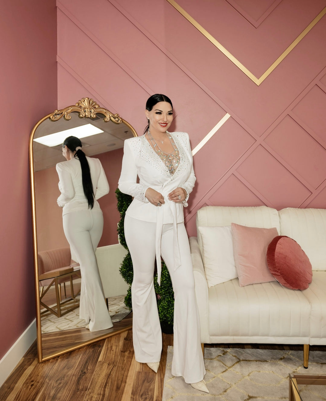 BLAZE White Rhinestone Studded Blazer Pant Set-Outfit Sets-Banjul-Malandra Boutique, Women's Fashion Boutique Located in Las Vegas, NV