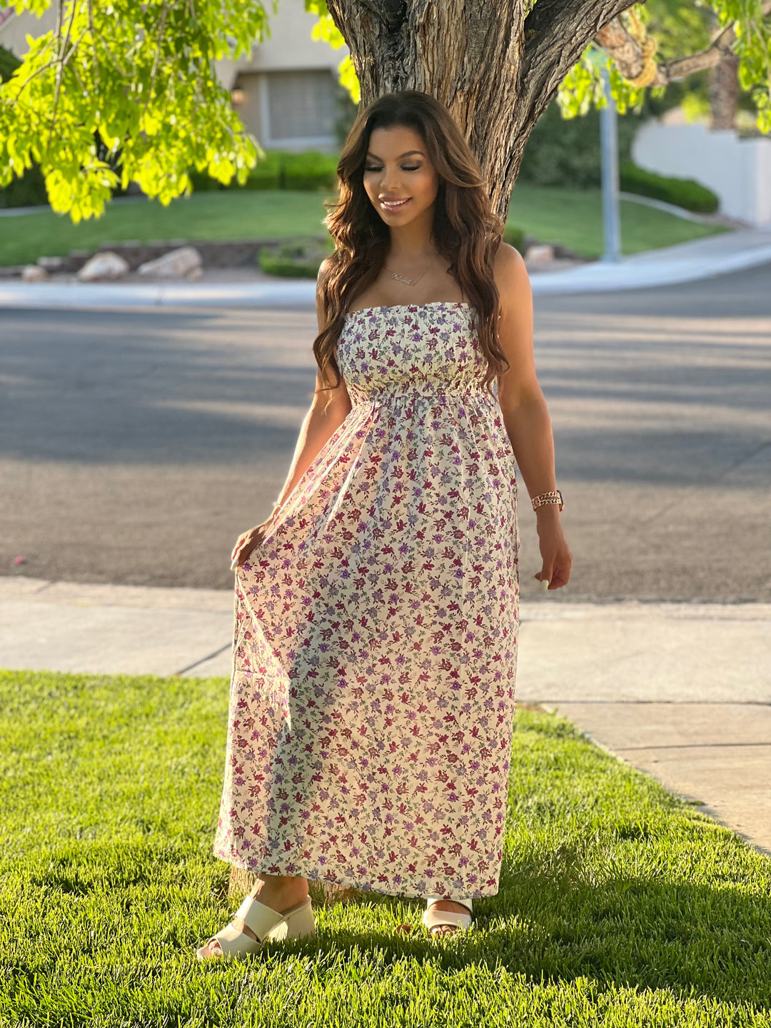 Front View. A MATTER OF TRUST Smocked Cami Maxi Dress-Lilou-Malandra Boutique, Women's Fashion Boutique Located in Las Vegas, NV