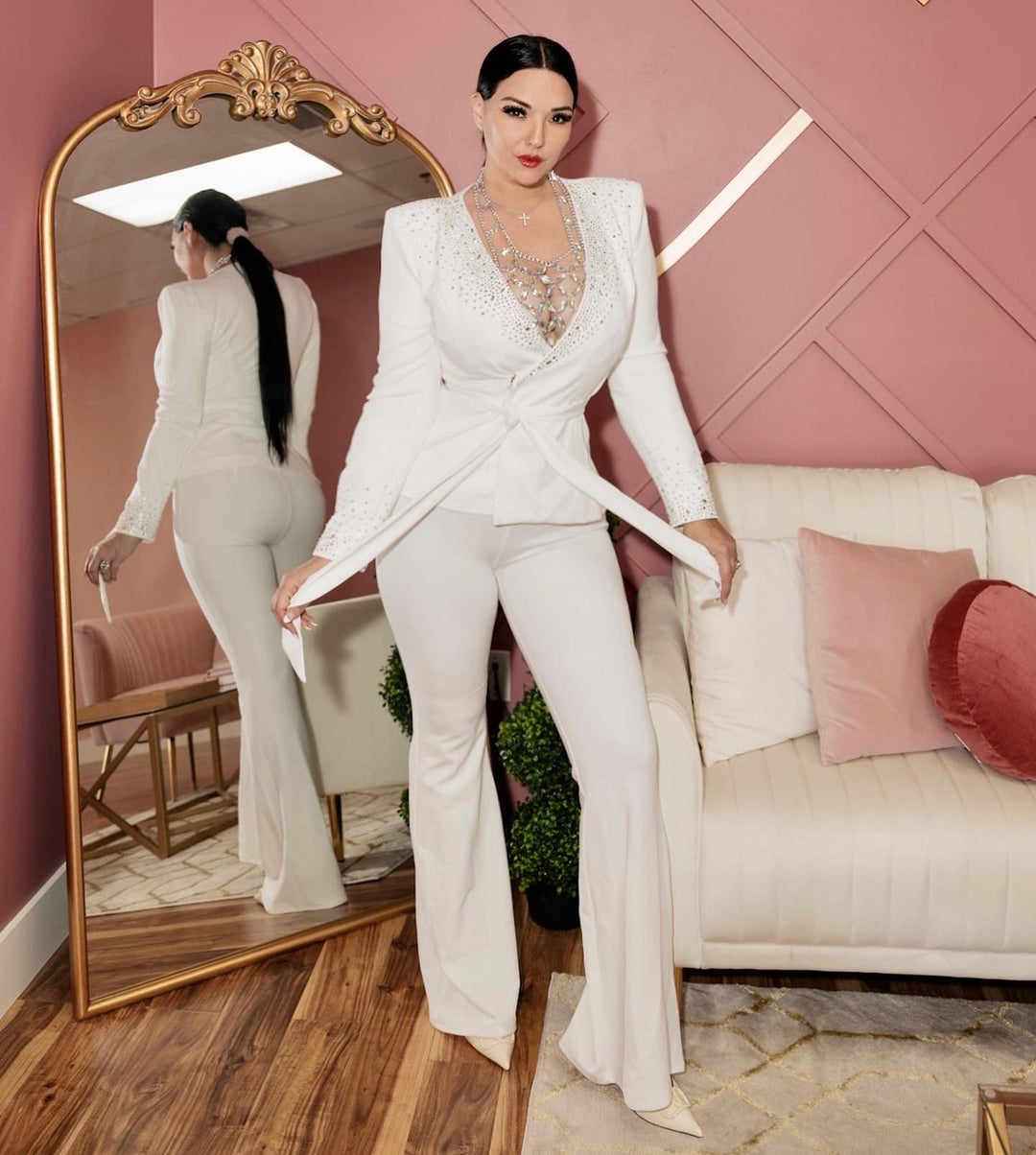 BLAZE White Rhinestone Studded Blazer Pant Set-Outfit Sets-Banjul-Malandra Boutique, Women's Fashion Boutique Located in Las Vegas, NV