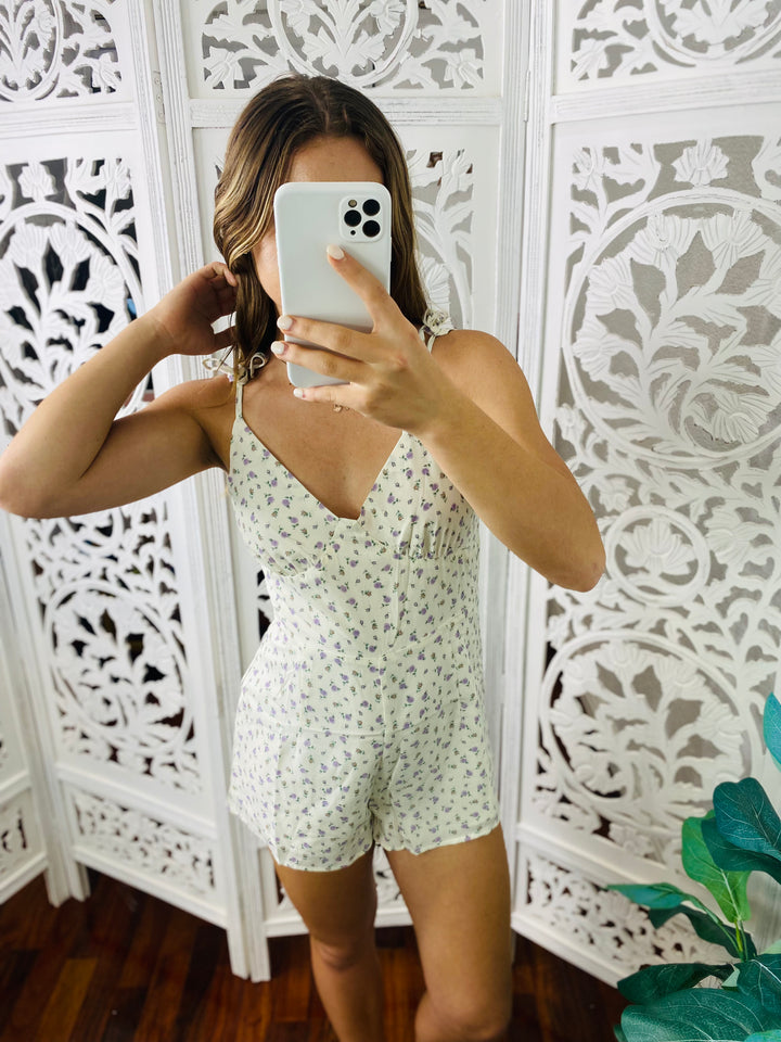 Front View. SIMPLE Floral Tied Shoulder Romper-MyStyle Wholesale-Malandra Boutique, Women's Fashion Boutique Located in Las Vegas, NV