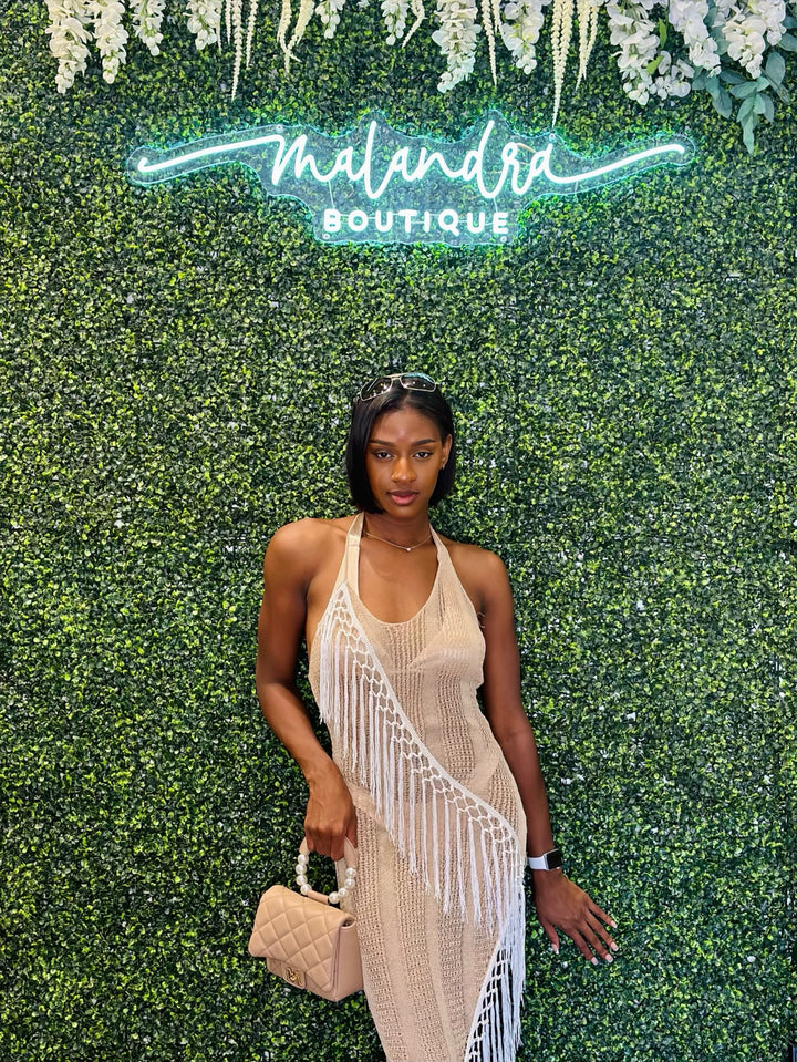 Front View. SUNROOF Crochet Fringe Beach Cover Up Dress Set-Dresses-Athina-Malandra Boutique, Women's Fashion Boutique Located in Las Vegas, NV
