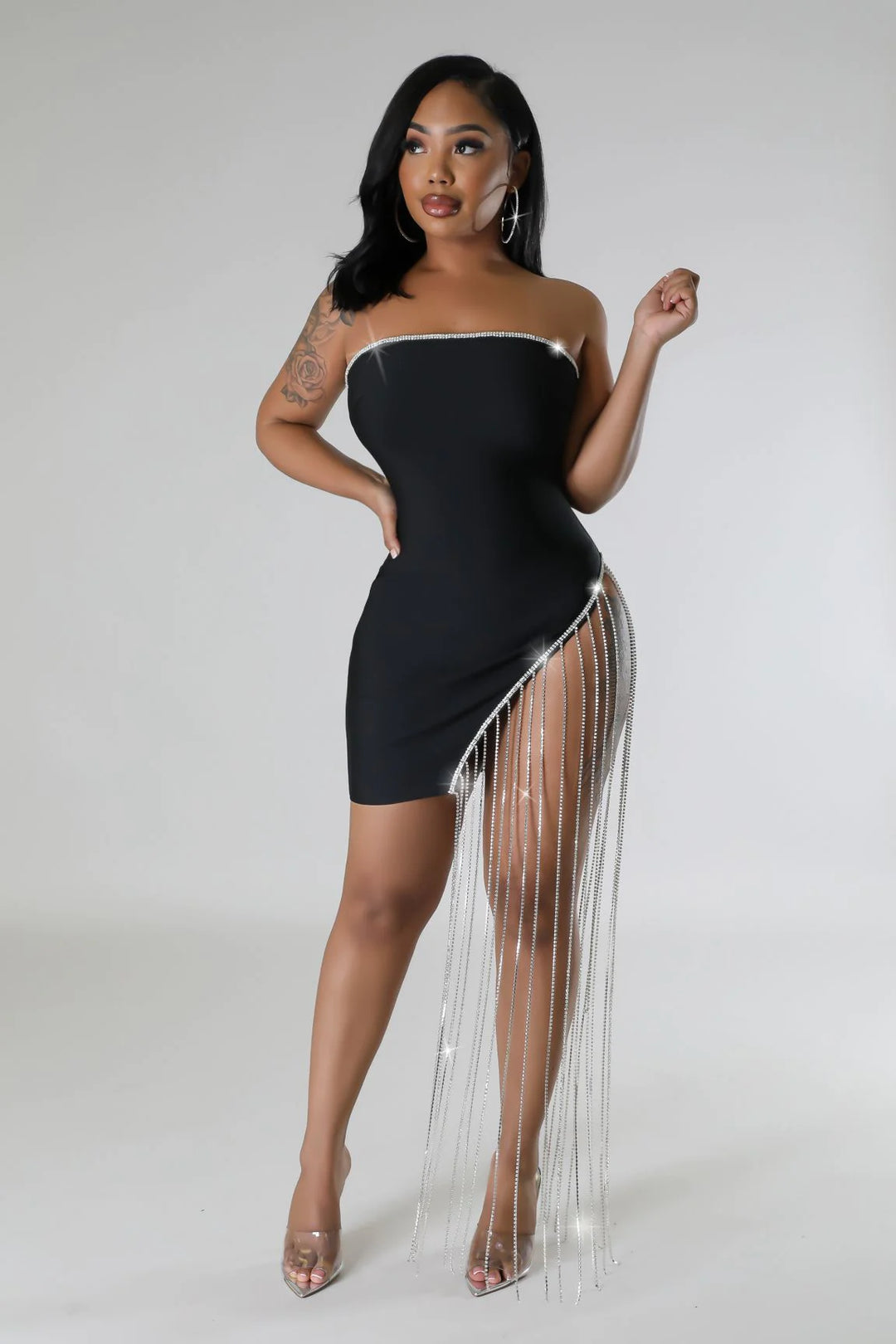 RADIANT Bandage Stretch Strapless Dress w/ Rhinestone Fringe-dress-Good Time USA-Malandra Boutique, Women's Fashion Boutique Located in Las Vegas, NV