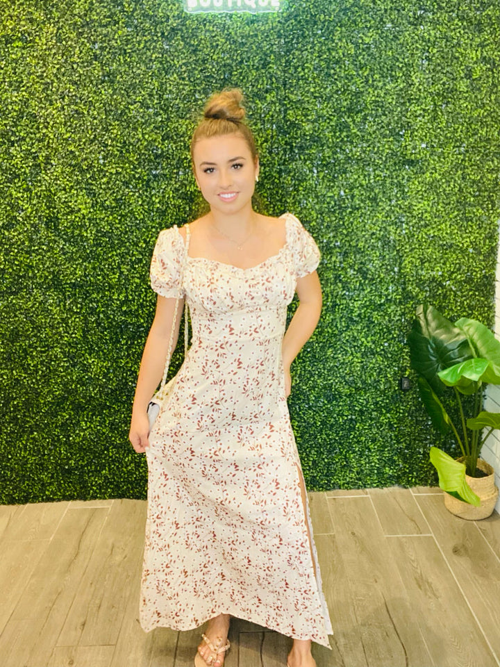 Front View. STELLA Floral Off Shoulder Shirred Mid Length Maxi-Dress-Nuvi Apparel-Malandra Boutique, Women's Fashion Boutique Located in Las Vegas, NV