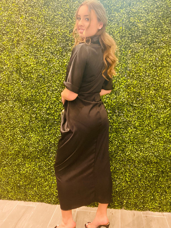 Black Back View. HAPPIER Satin Wrap Dress-Dresses-Nuvi Apparel-Malandra Boutique, Women's Fashion Boutique Located in Las Vegas, NV