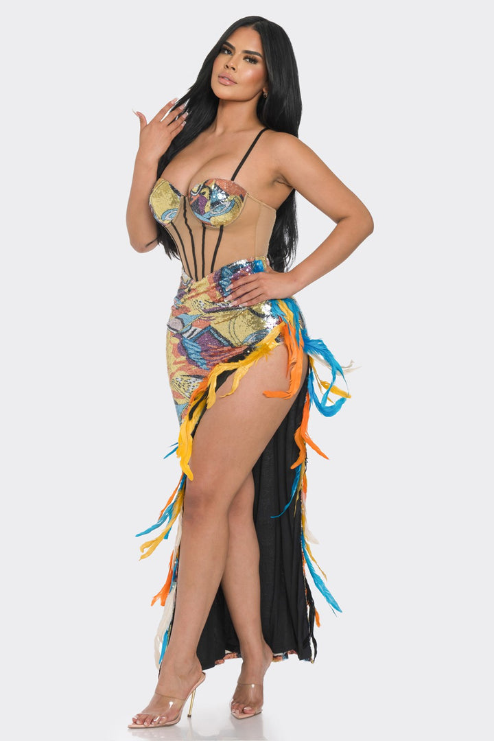 IM GOING OUT Feather Corset Spaghetti Strap Bejeweled Maxi Dress-Maxi dress-Banjul-Malandra Boutique, Women's Fashion Boutique Located in Las Vegas, NV