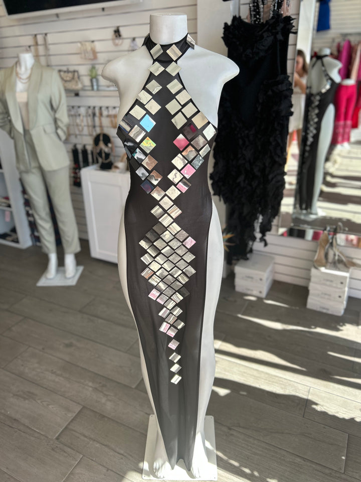 DRAMATIC Mirror Sequins Mesh Transparent Halter Maxi Dress-Cover up-Malandra Boutique-Malandra Boutique, Women's Fashion Boutique Located in Las Vegas, NV