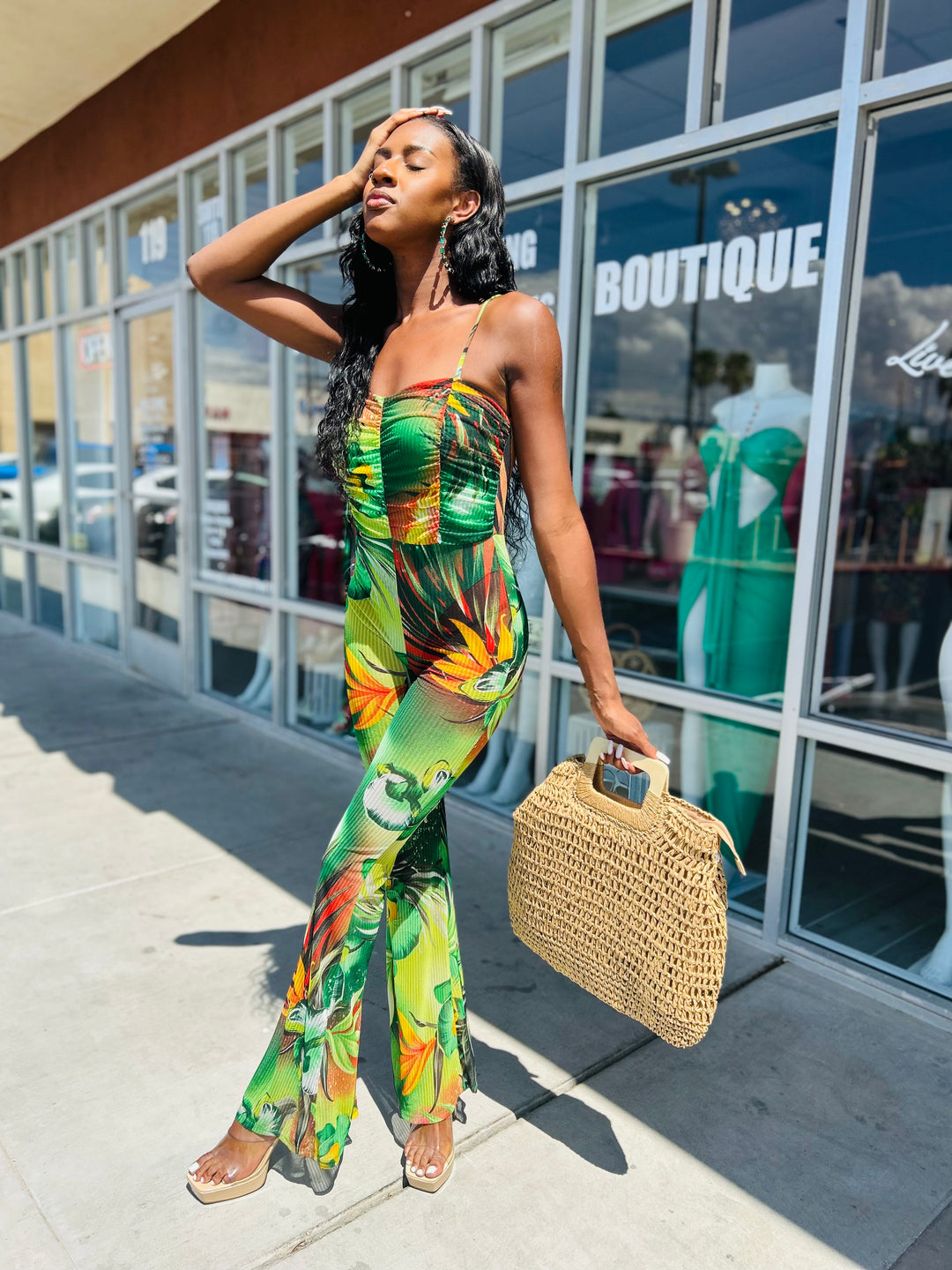 SUMMER Tropical Print Spaghetti Strap Jumpsuit-Jumpsuits & Rompers-Good Time USA-Malandra Boutique, Women's Fashion Boutique Located in Las Vegas, NV