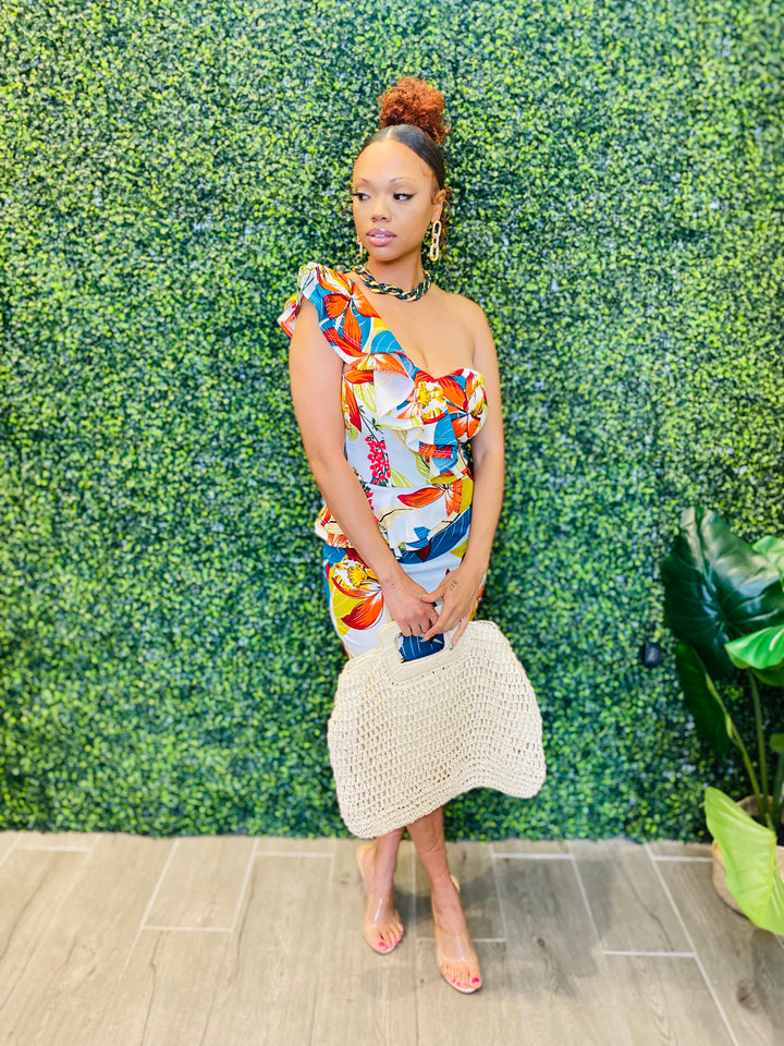ANOTHER DAY Tropical Multi Print Ruffle Midi Dress-Dresses-Blue S-Malandra Boutique, Women's Fashion Boutique Located in Las Vegas, NV