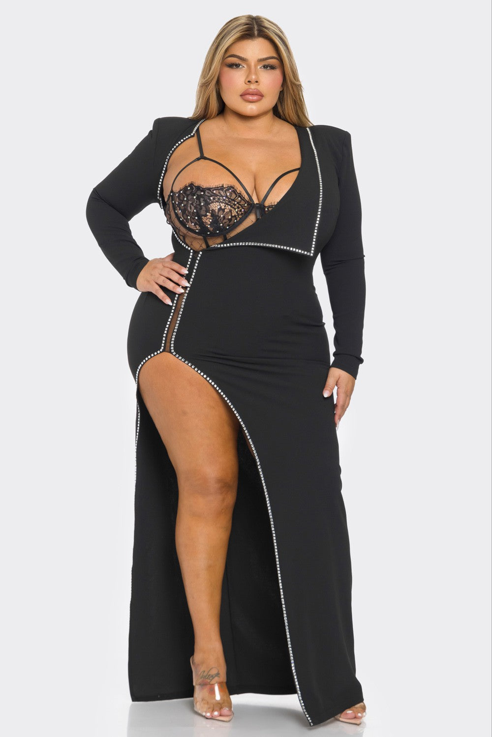 BADDIE Plus Size High Slit Maxi Dress w/ Rhinestone Bustier-Dresses-Banjul-Malandra Boutique, Women's Fashion Boutique Located in Las Vegas, NV