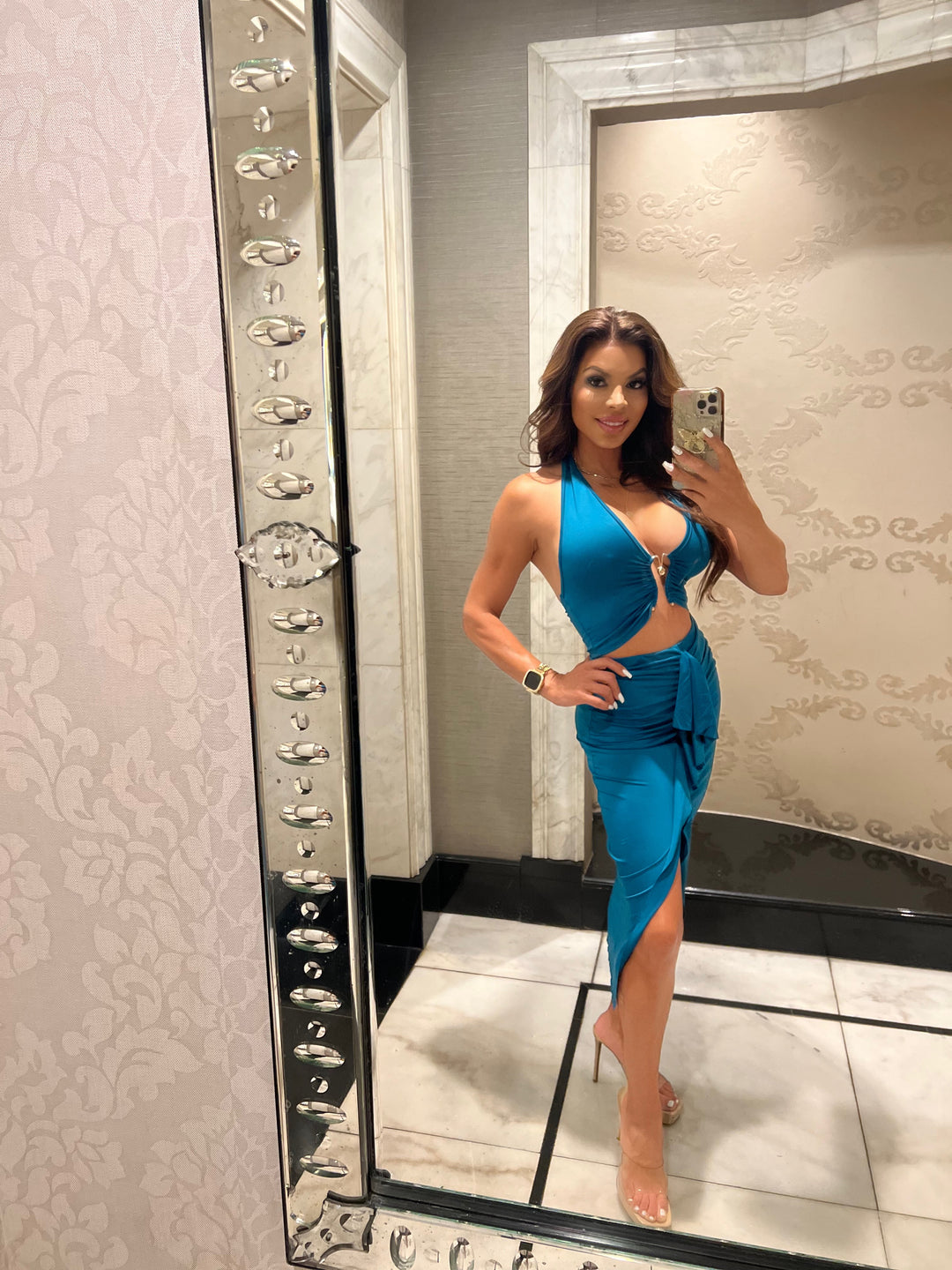 SEE YOU AGAIN Two Piece Teal Halter & Midi Skirt Set-Outfit Sets-Magia-Malandra Boutique, Women's Fashion Boutique Located in Las Vegas, NV