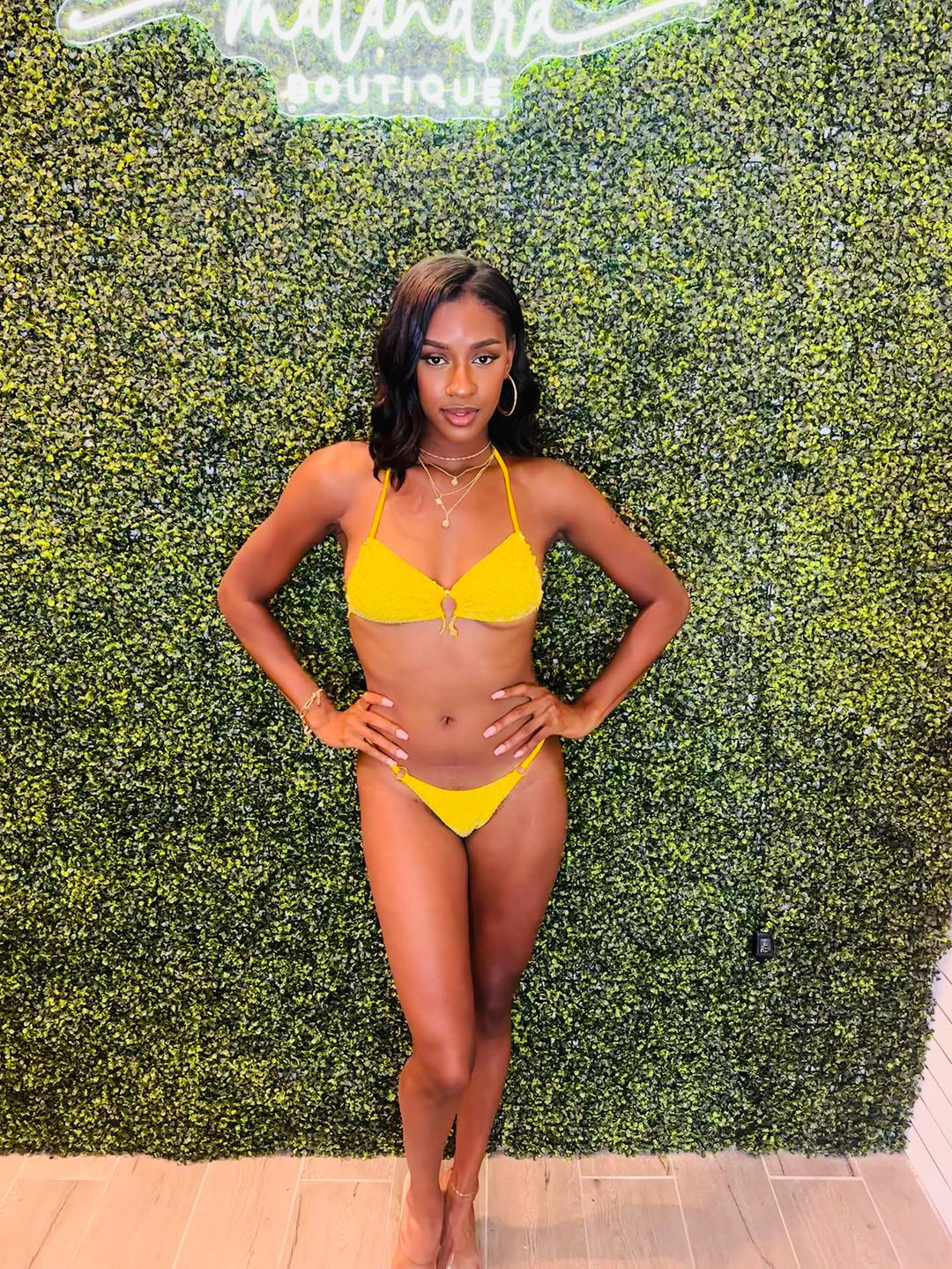 LIMONCELLO Yellow Vibrant Rhinestone Encrusted Drawstring Two Piece Bikini-Bikini-Banjul-Malandra Boutique, Women's Fashion Boutique Located in Las Vegas, NV