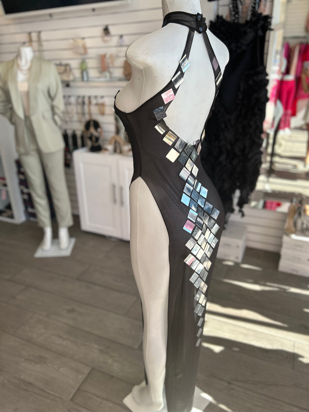 DRAMATIC Mirror Sequins Mesh Transparent Halter Maxi Dress-Cover up-Malandra Boutique-Malandra Boutique, Women's Fashion Boutique Located in Las Vegas, NV