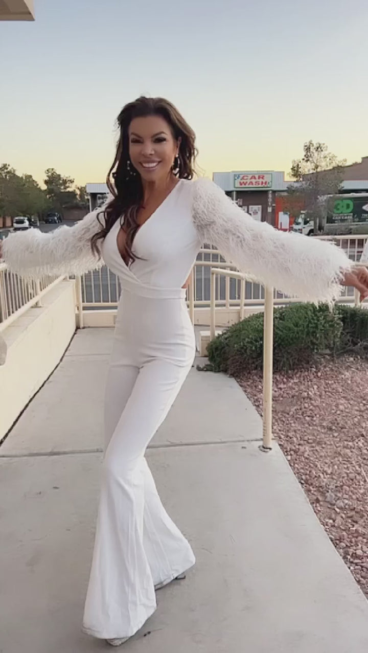 FEMININE ENERGY White Feather Embedded Long Sleeve Maxi Jumpsuit