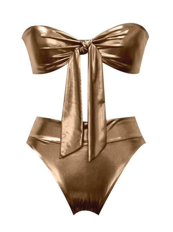 SHINY Tie Front Gold Metallic Two Piece Swimsuit-Swimwear-miss circle-Malandra Boutique, Women's Fashion Boutique Located in Las Vegas, NV